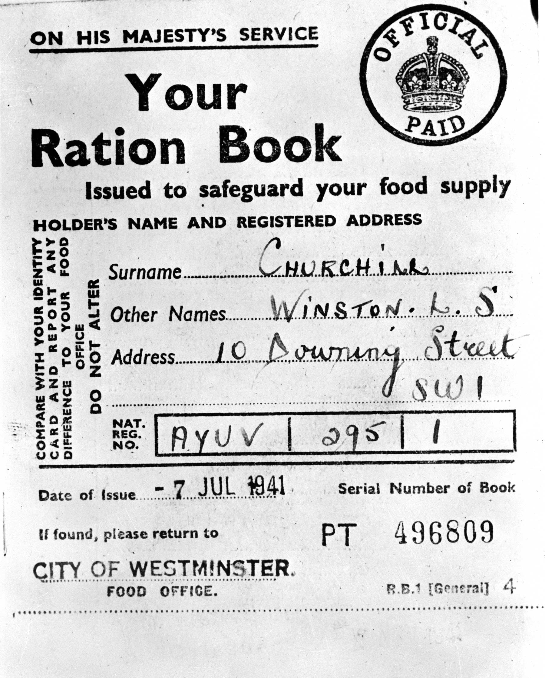 A page from Winston Churchill's ration book, 1941