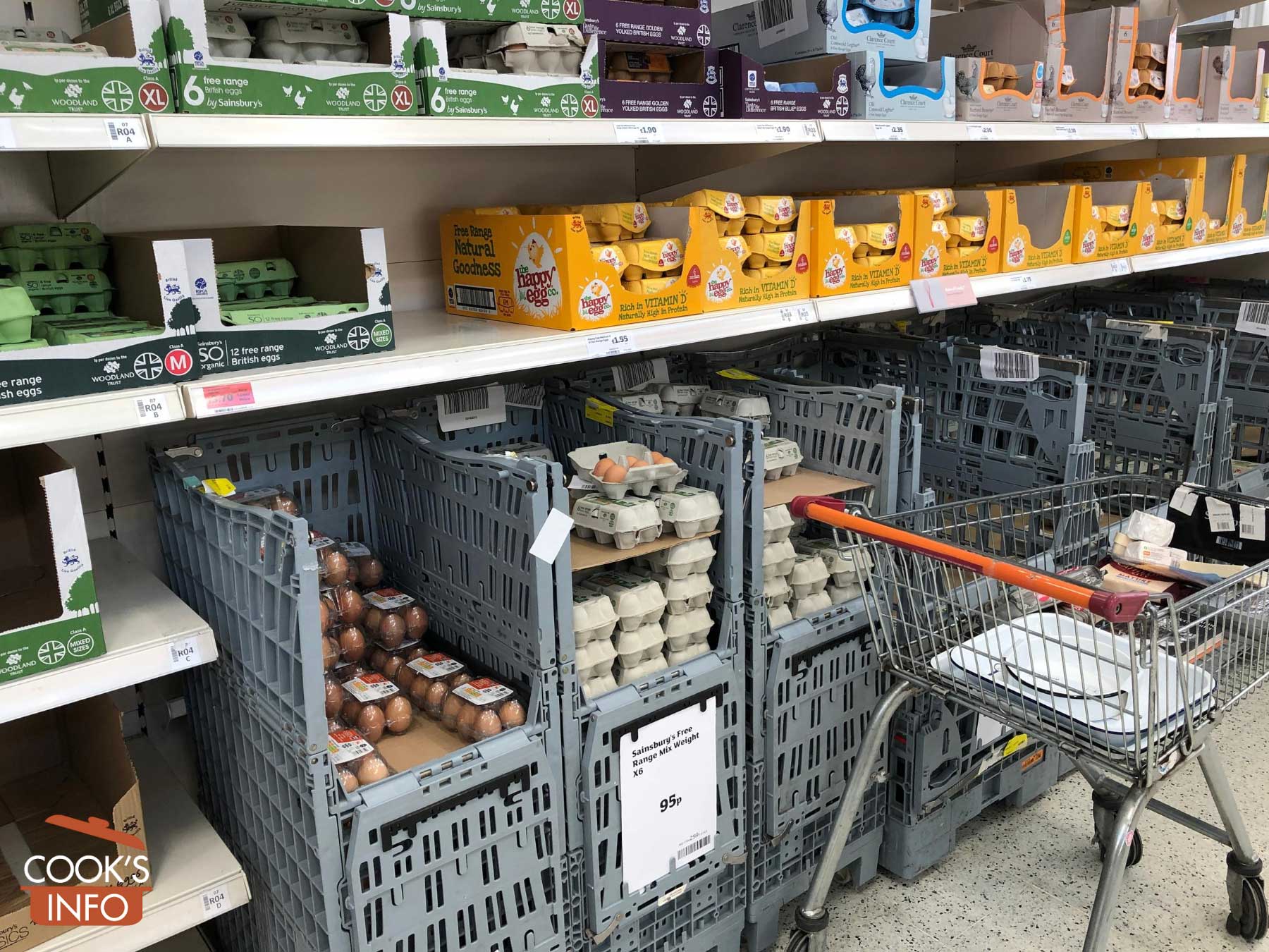 Unrefrigerated eggs in supermarket aisle